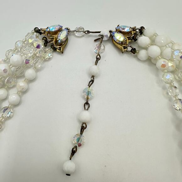 1950s vintage aurora borealis clear milk glass 5 multi strand beaded necklace - Picture 5 of 9